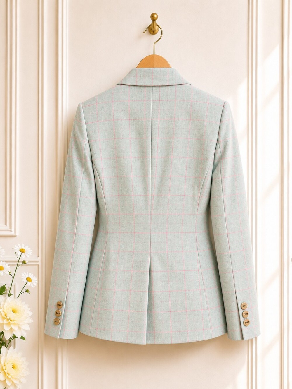 DKNY Mint Green Windowpane Double-Breasted Blazer | Gold Logo Buttons | Size 10 - Picture 8 of 10